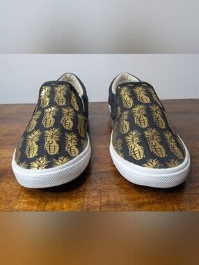 Bucket Feet Shoes Womens 9 Black Canvas Gold Pineapple Slip On Sneakers